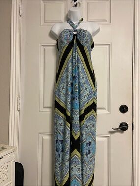 T39- ENFOCUS STUDIO Geometric Floral Medallion BOHO Tie-Neck Maxi Dress